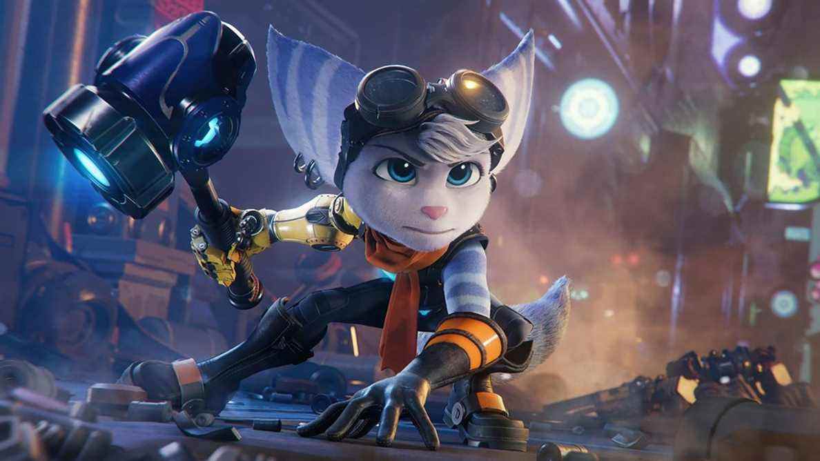 Rivet atterrit devant les ennemis dans Ratchet and Clank: Rift Apart