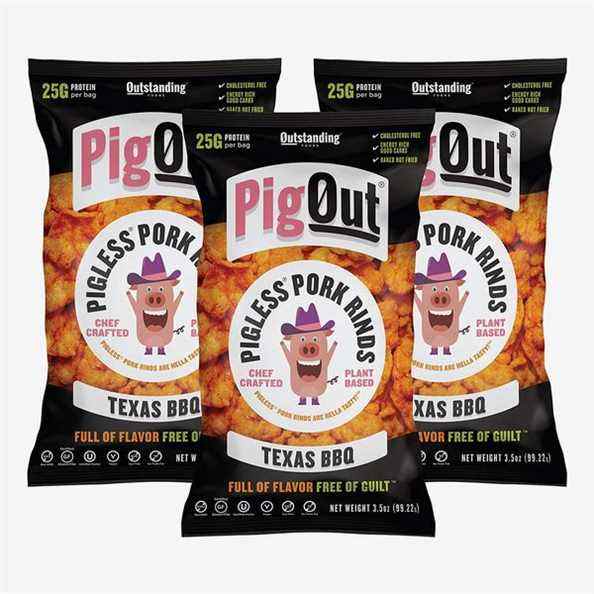 Couennes de porc sans porc d'Outstanding Foods PigOut, barbecue au Texas