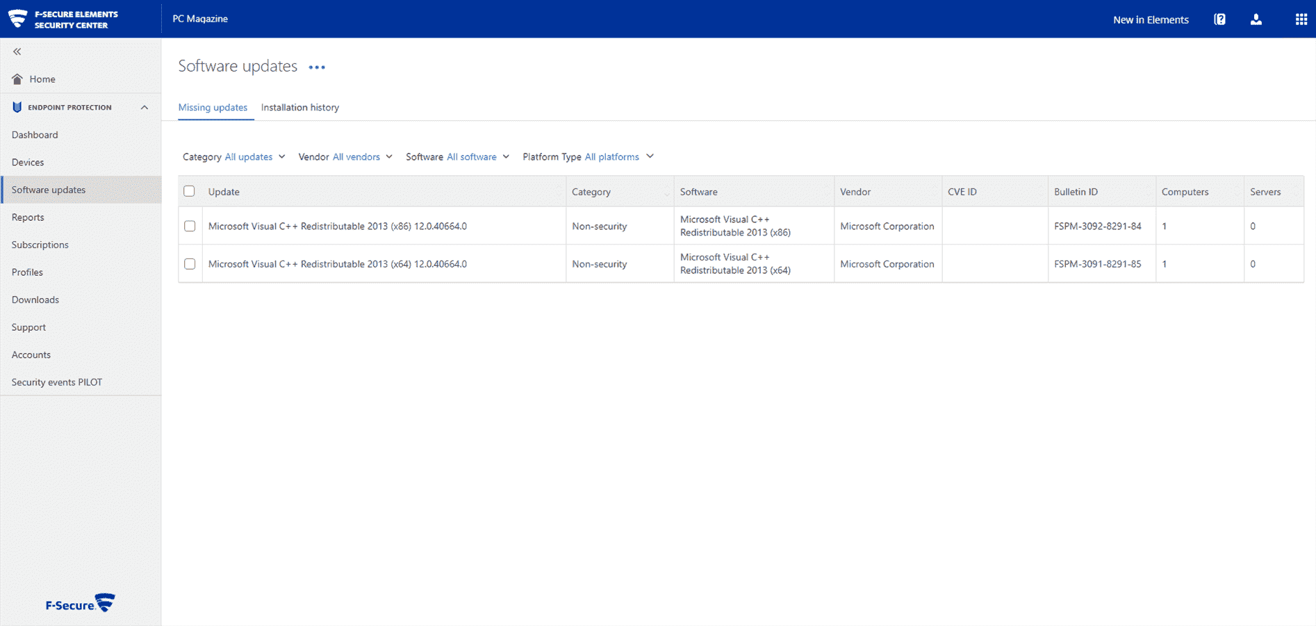 Capture d'écran des outils de mise à jour et de correction du logiciel F-Secure Elements