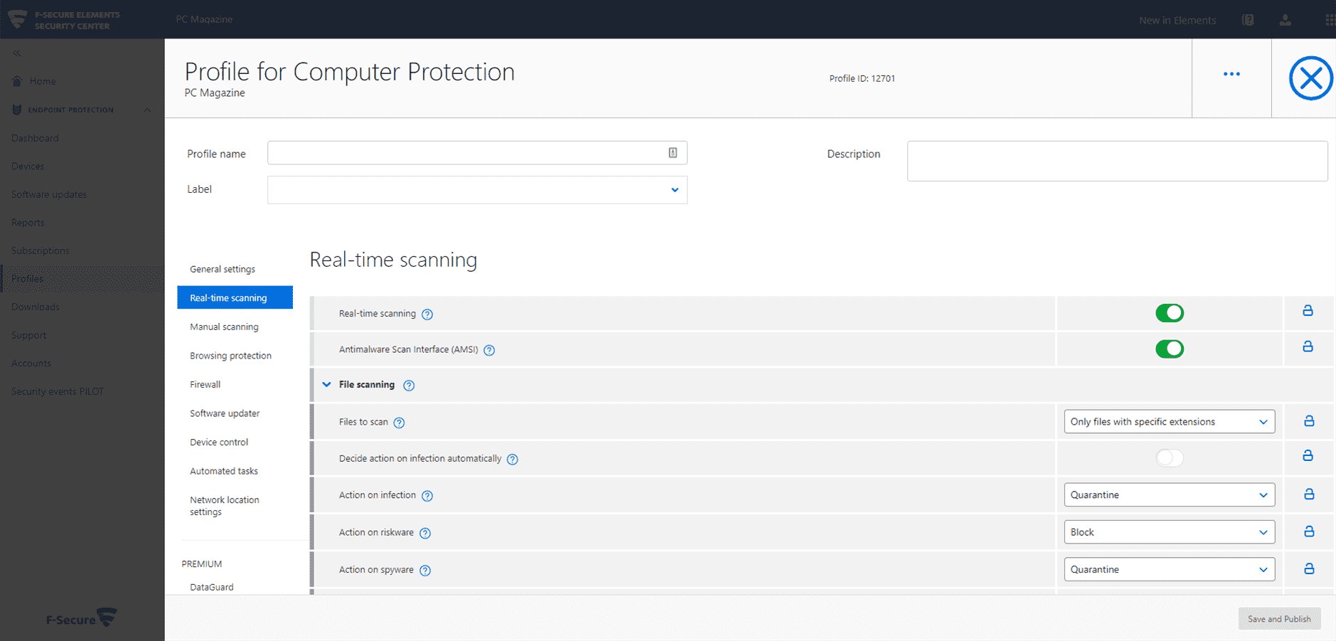 Capture d'écran de la page des profils personnalisés de F-Secure Elements