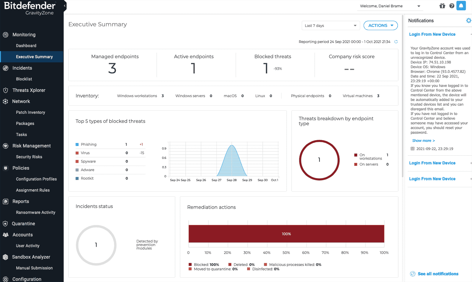 Capture d'écran affichant une vue de haut niveau dans la page Résumé analytique