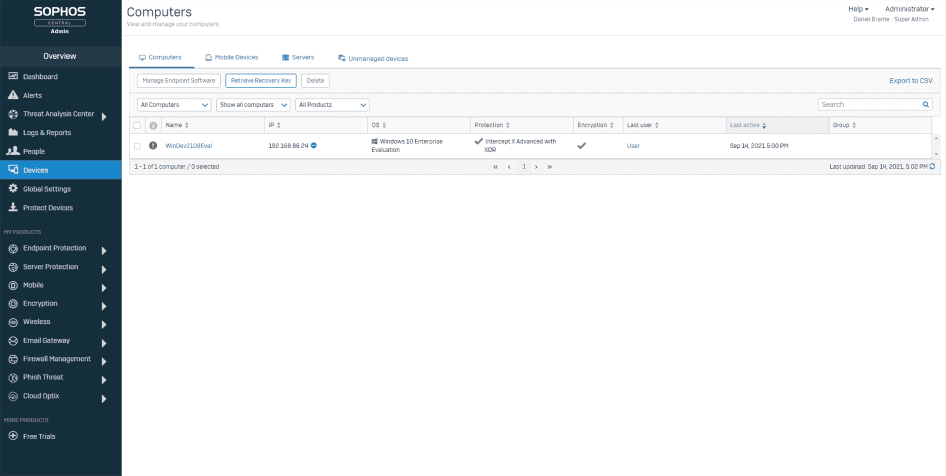 Capture d'écran du gestionnaire de périphériques Sophos Intercept X