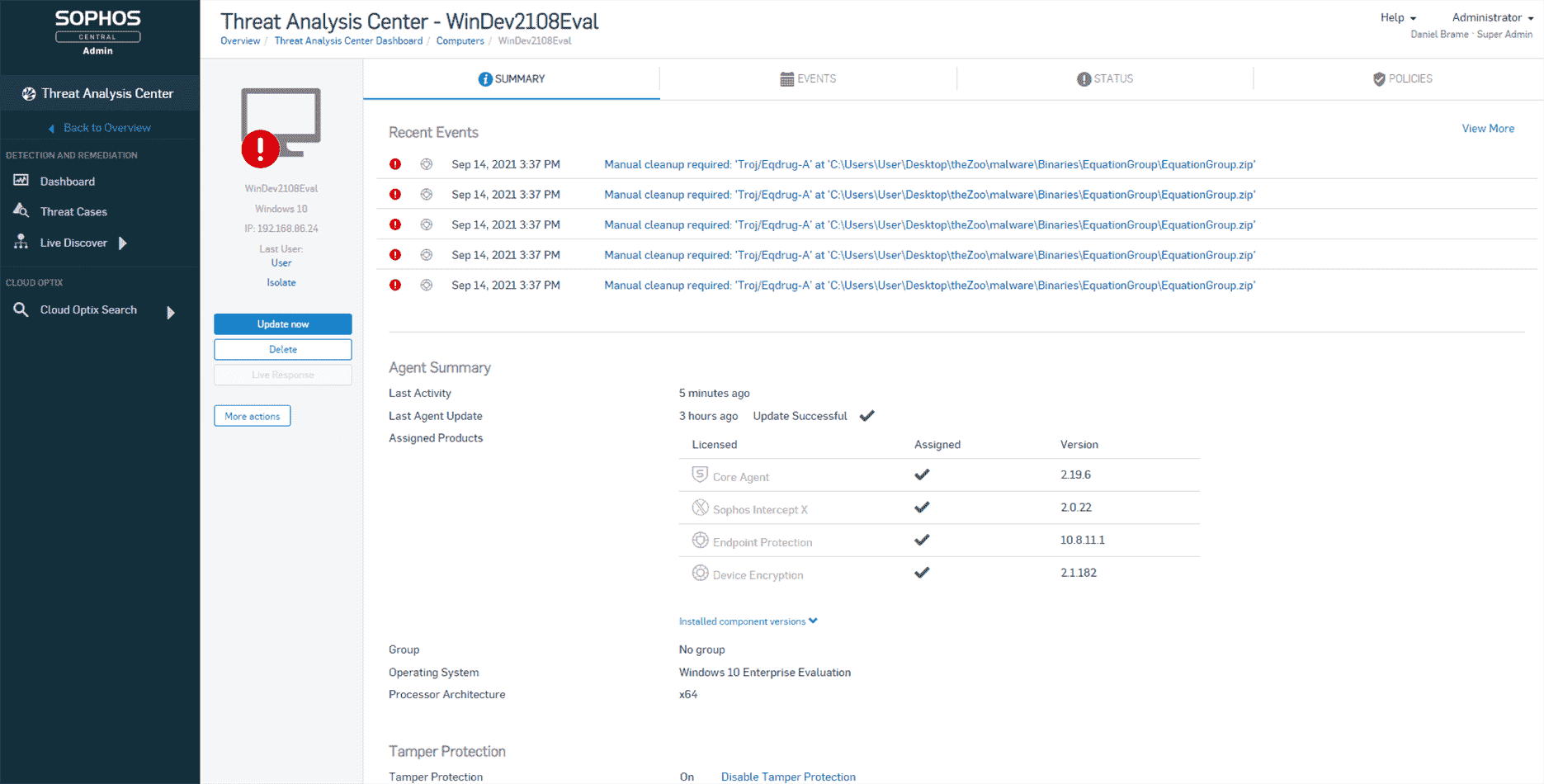 Capture d'écran de la vue de réponse aux menaces de Sophos Intercept X