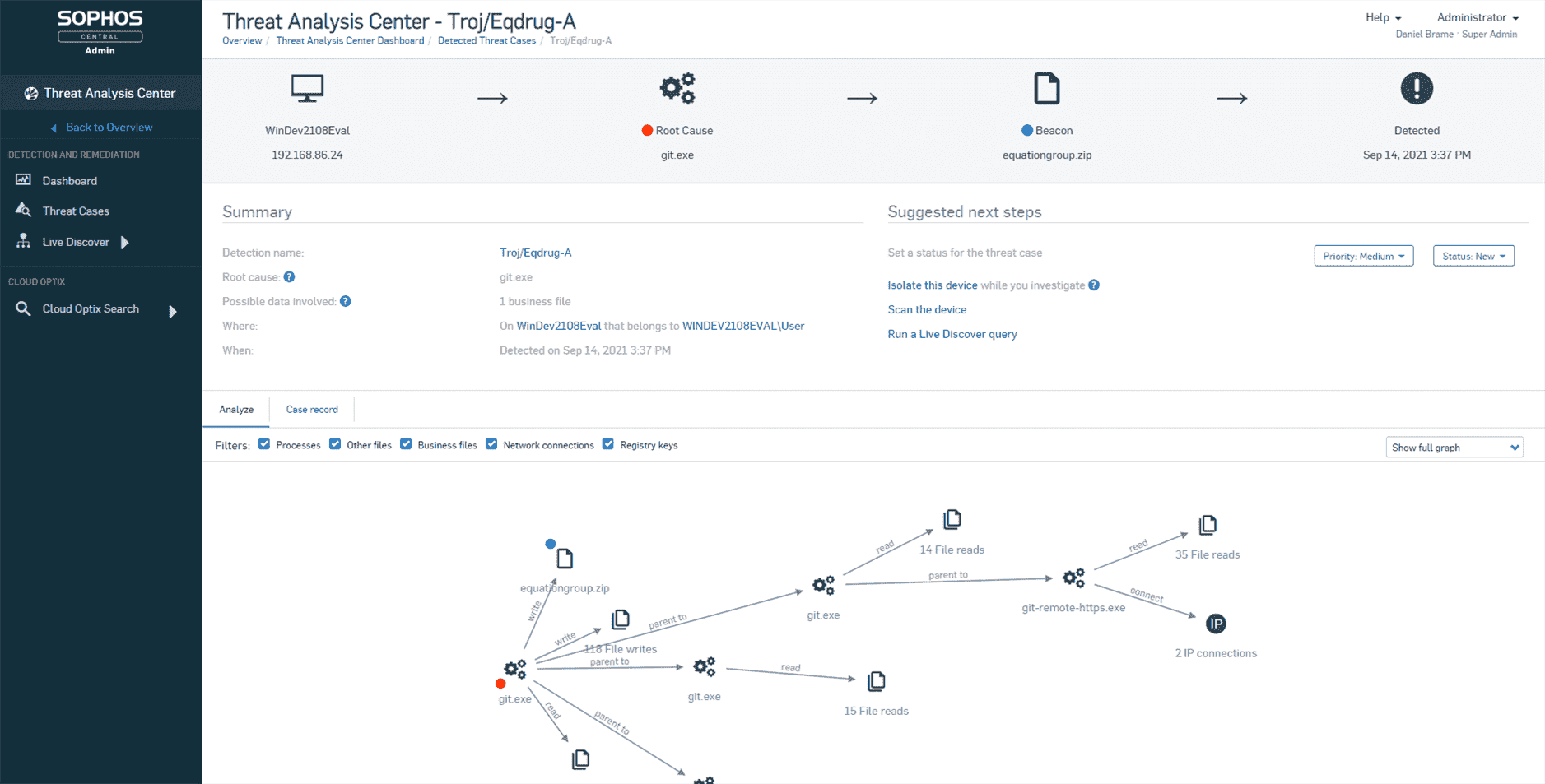 Capture d'écran de l'analyse des menaces et des causes profondes de Sophos Intercept X