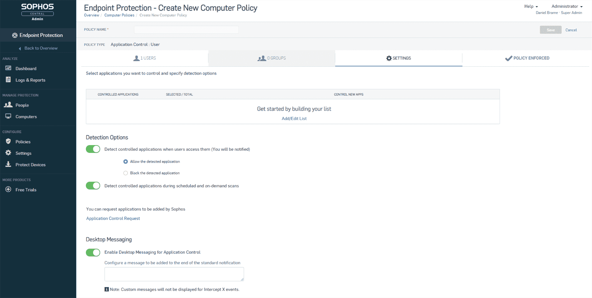 Capture d'écran de l'éditeur de stratégie Sophos Intercept X