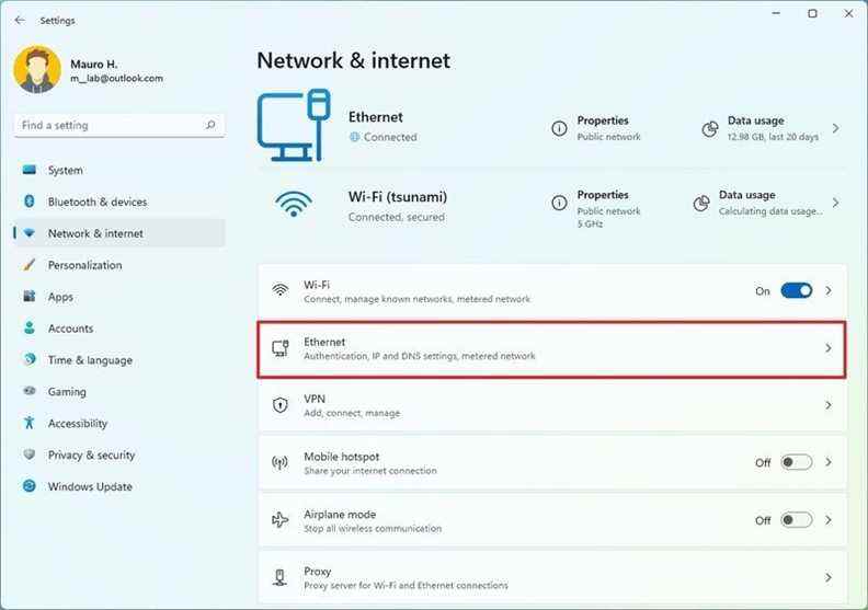 Ouvrir les paramètres Ethernet sur Windows 11