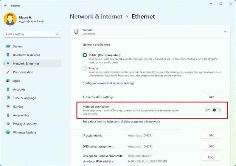 Désactiver la connexion Ethernet mesurée