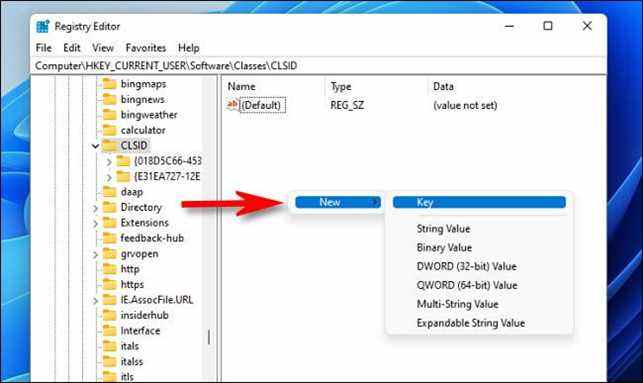 Cliquez avec le bouton droit dans Modification du registre et sélectionnez Nouveau > Clé. » width= »650″ height= »387″ src= »/pagespeed_static/1.JiBnMqyl6S.gif » onload= »pagespeed.lazyLoadImages.loadIfVisibleAndMaybeBeacon(this); » onerror= »this.onerror=null;pagespeed.lazyLoadImages.loadIfVisibleAndMaybeBeacon(this); »/></p>
<p>Ensuite, faites un clic droit sur <code>86ca1aa0-34aa-4e8b-a509-50c905bae2a2</code> dans la barre latérale de l’Éditeur du Registre et sélectionnez Nouveau > Clé. Puis nommez la nouvelle clé <code>InprocServer32</code> .</p>
<p><img class=