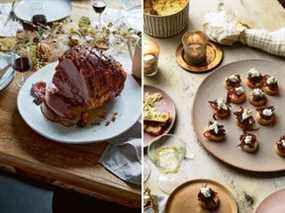 Jambon de Noël glacé aux clémentines et clous de girofle, à gauche, et tartelettes au fromage de chèvre et oignons rouges caramélisés de Sea & Shore