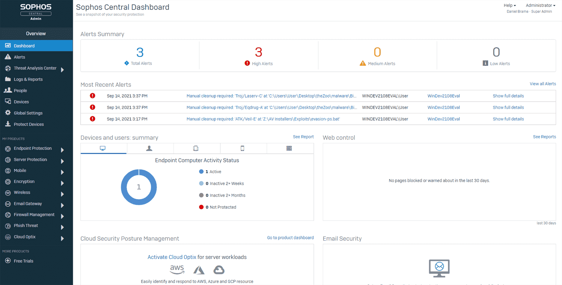 Capture d'écran du tableau de bord principal de Sophos Intercept X