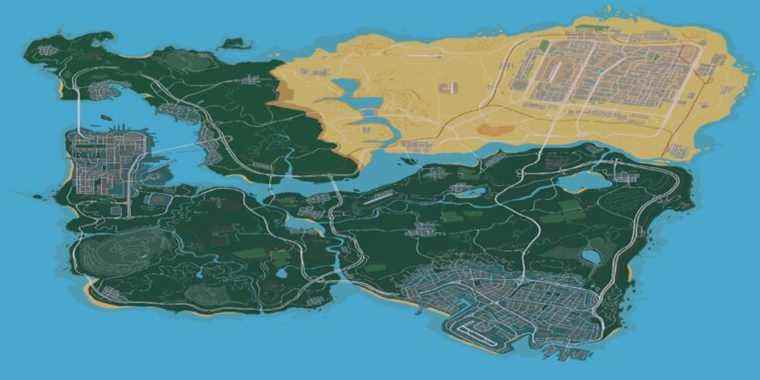 Grand Theft Auto Map Concept combine les villes de plusieurs jeux ensemble
