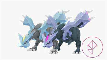 Kyurem brillant par rapport à sa forme normale.  Shiny Kyurem est plus violet et a des accents rose vif.