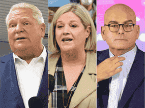 De gauche à droite : le chef progressiste-conservateur de l'Ontario Doug Ford, le chef du NPD de l'Ontario Andrea Horwath et le chef du Parti libéral de l'Ontario Steven Del Duca.