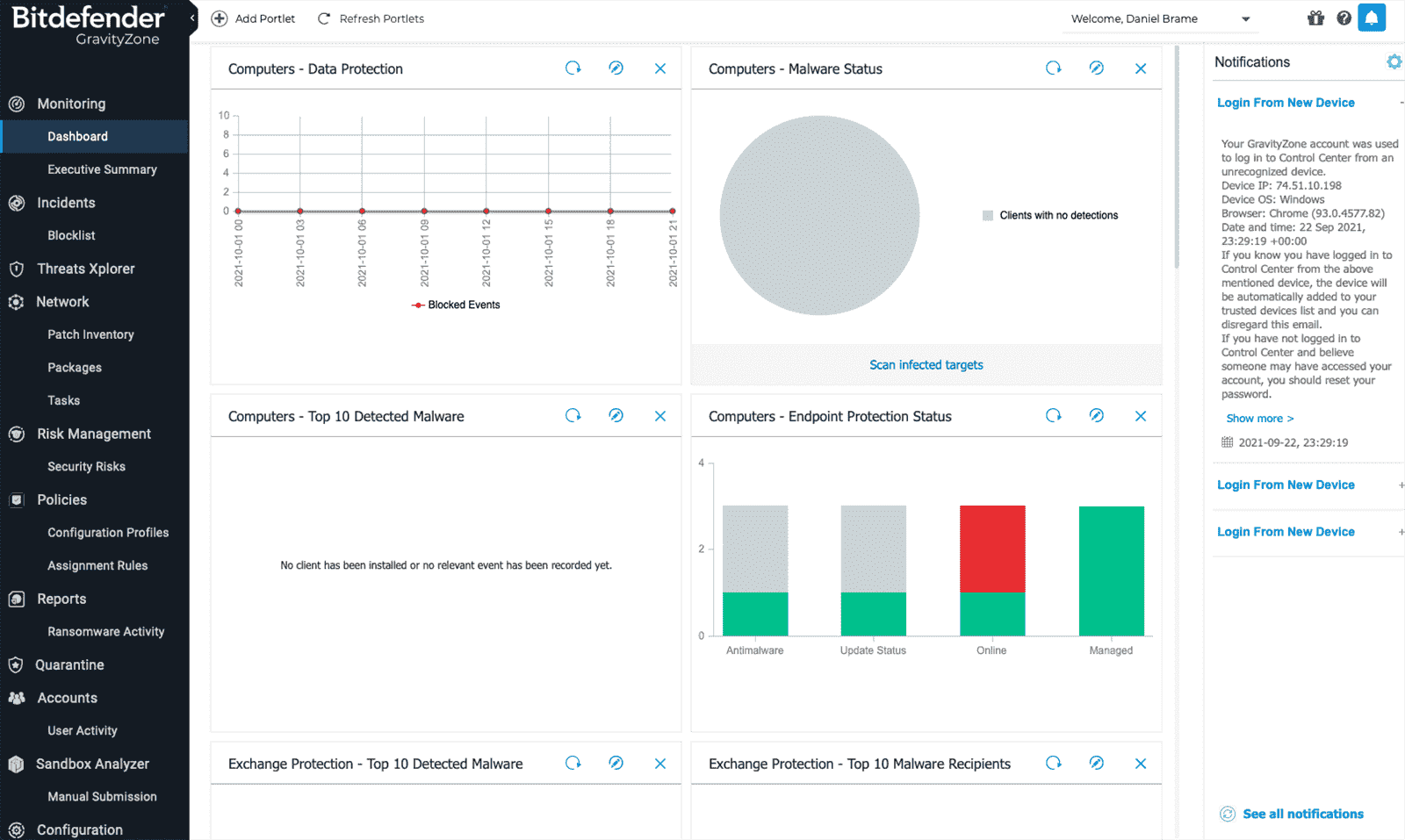 Tableau de bord par défaut personnalisable dans GravityZone Ultra