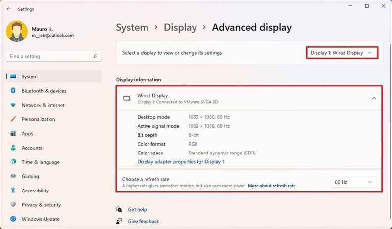 Détails du moniteur Windows 11