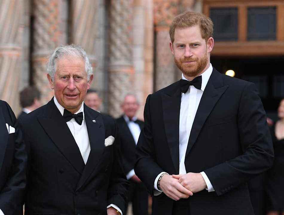 Le prince Charles et le prince Harry assistant à la première mondiale de Notre planète au Natural History Museum de Londres.  Photo datée du 4 avril 2019. Copyright doit se lire : Doug Peters/EMPICS