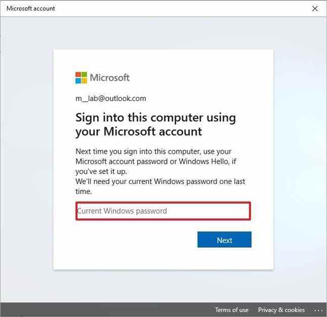 Confirmer le mot de passe Windows 10 actuel
