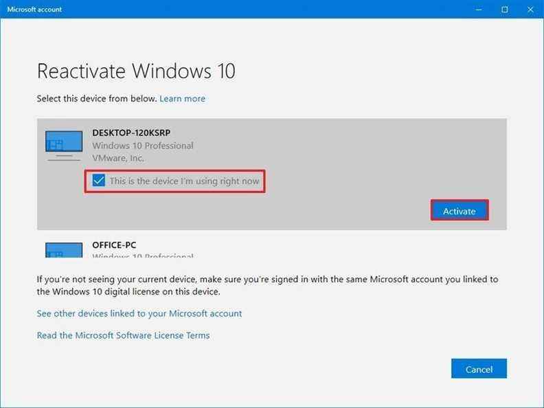 Option de réactivation de Windows 10