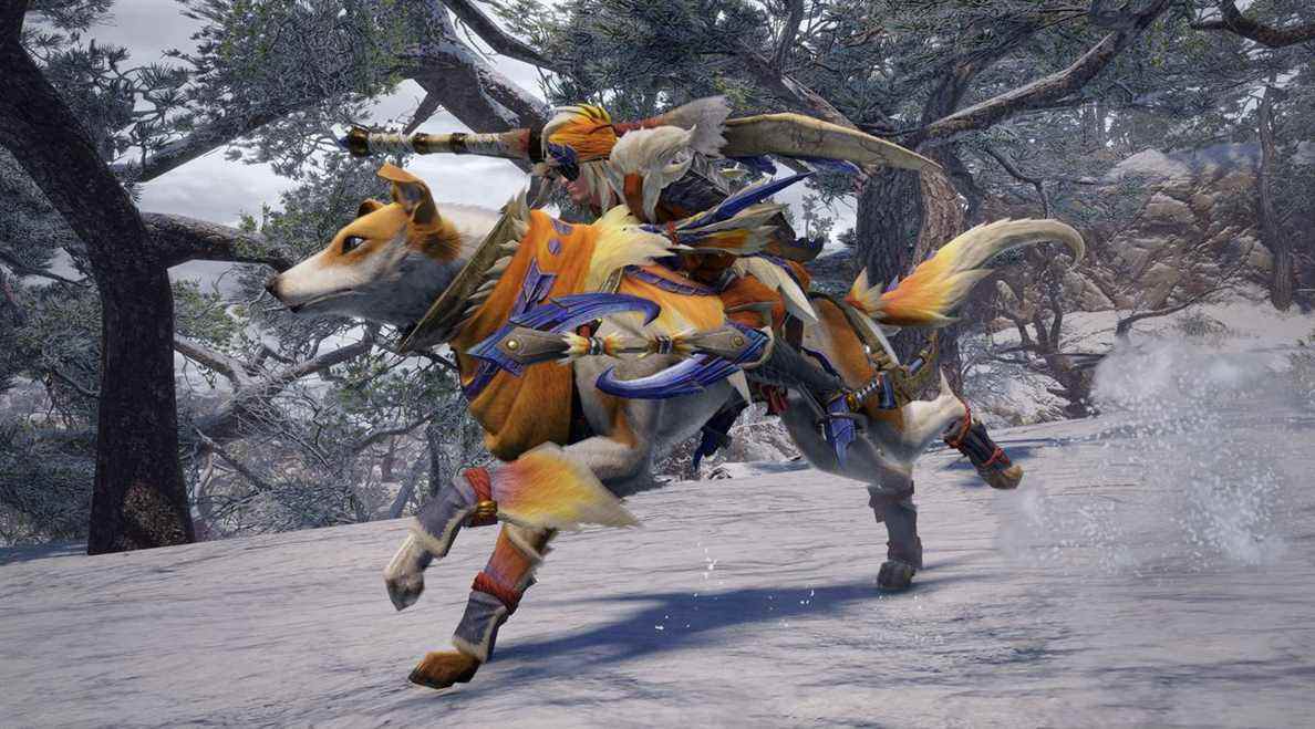 Un chasseur chevauche la neige sur le Palamute dans Monster Hunter Rise pour PC