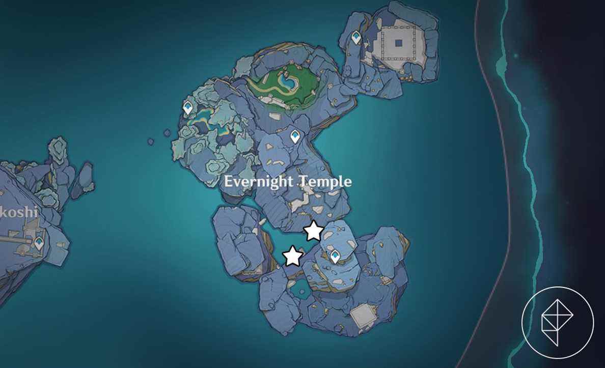 Une carte avec deux étoiles autour du temple Evernight indiquant où se trouvent les Seelies
