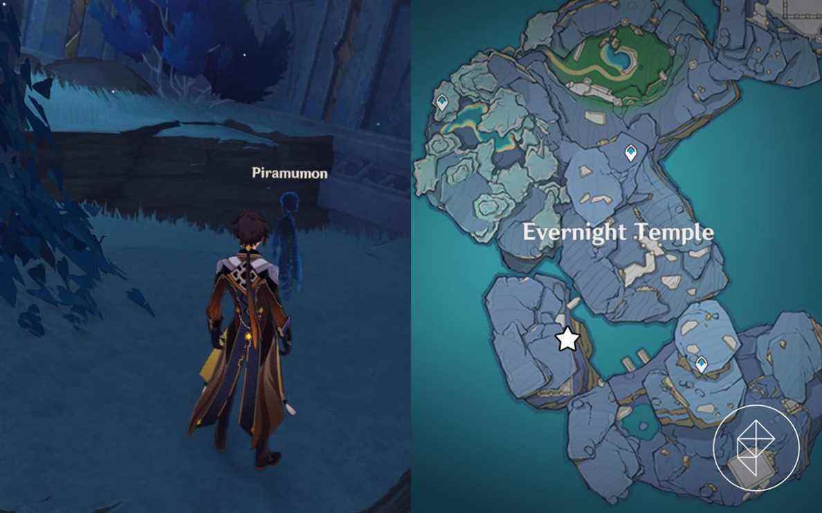Une carte montrant où trouver Piramumon au bord d'une falaise dans Evernight Temple