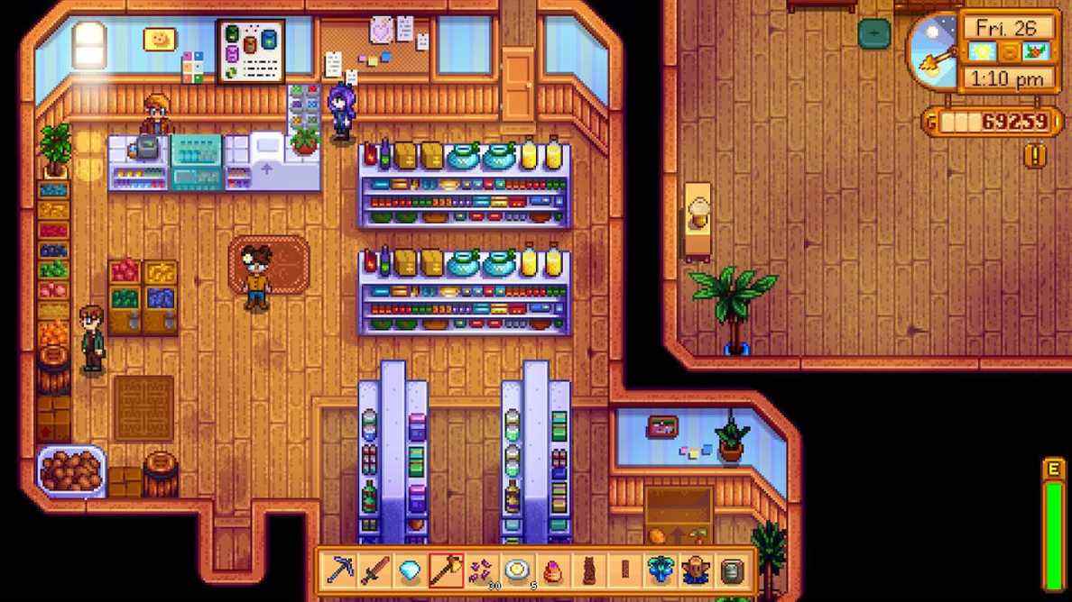 un personnage de stardew valley se tient dans un magasin général local