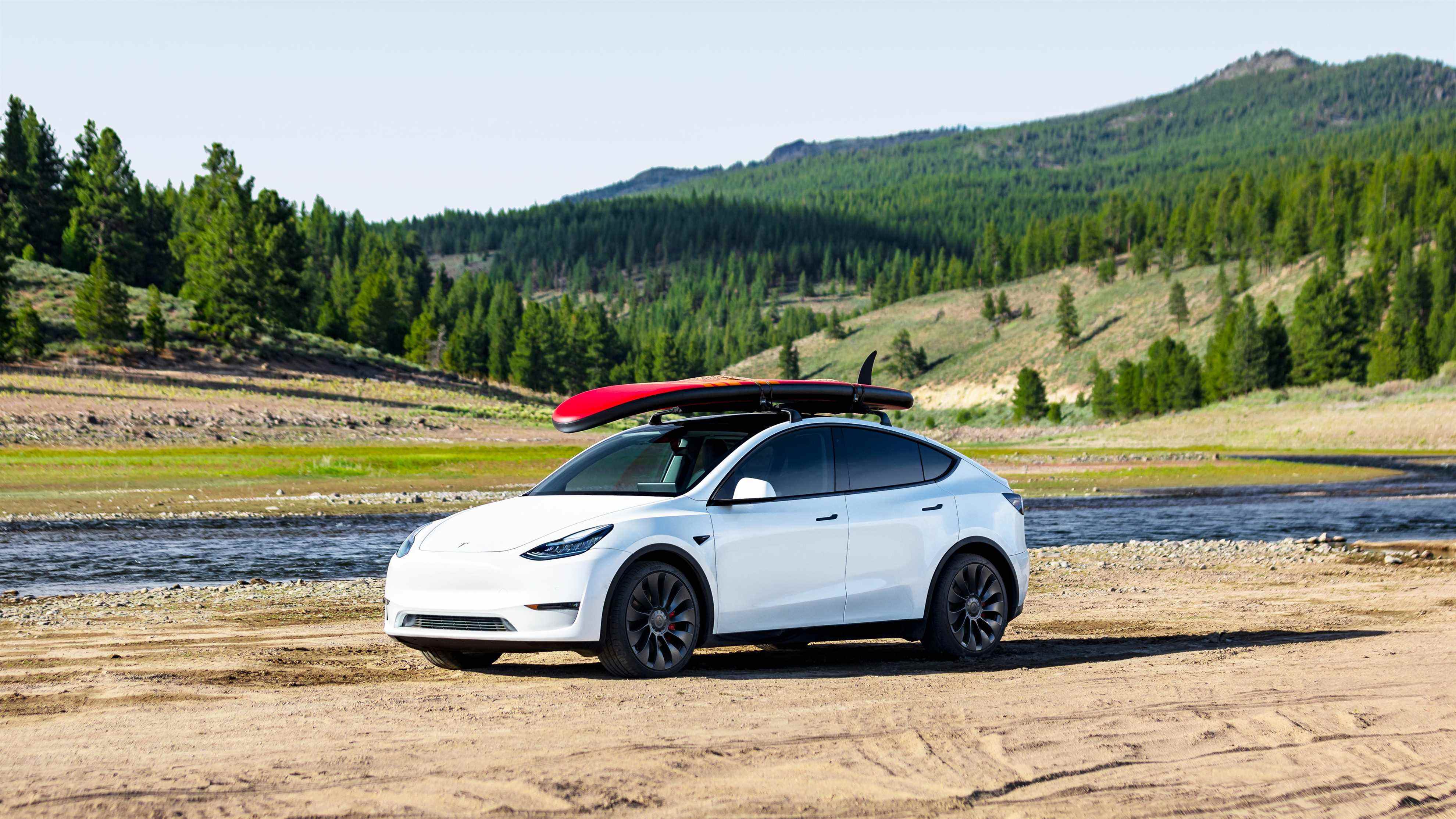 modèle tesla y avec une planche de surf sur le toit