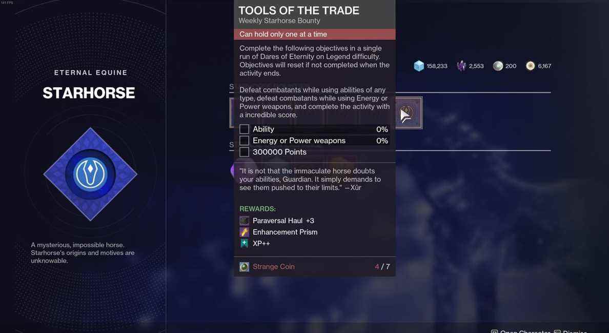 Menu des primes de Starhorse dans Destiny 2