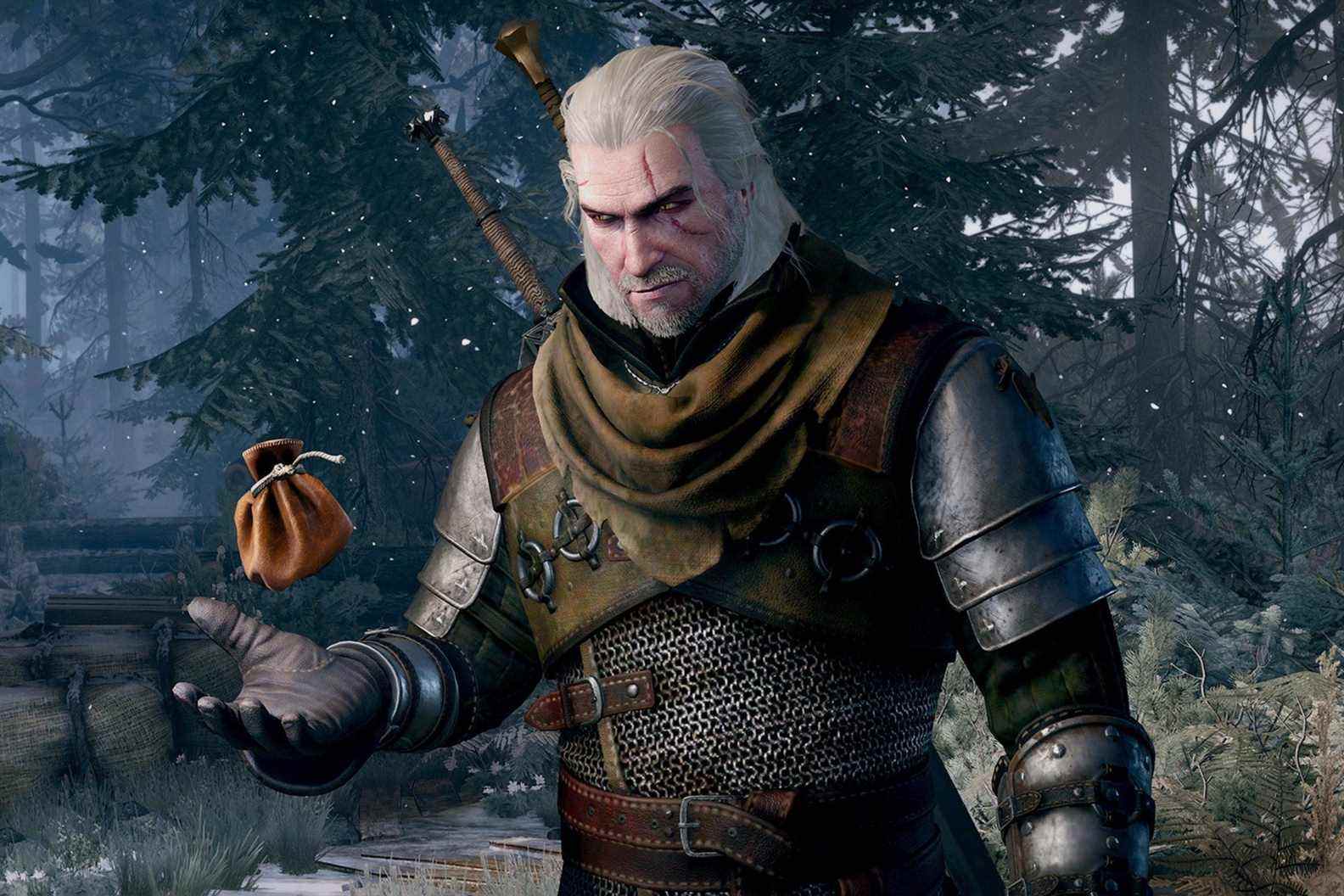 Capture d'écran de The Witcher 3 montrant le personnage principal lançant un sac de pièces