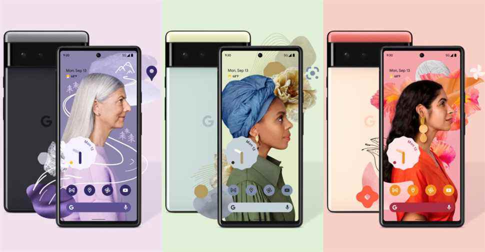 Images promotionnelles du Pixel 6 de Google.  Ces couleurs sont du pur Photoshop.  Les couleurs vives violet, gris, orange et rouge ici ne sont pas possibles sur Android 12.