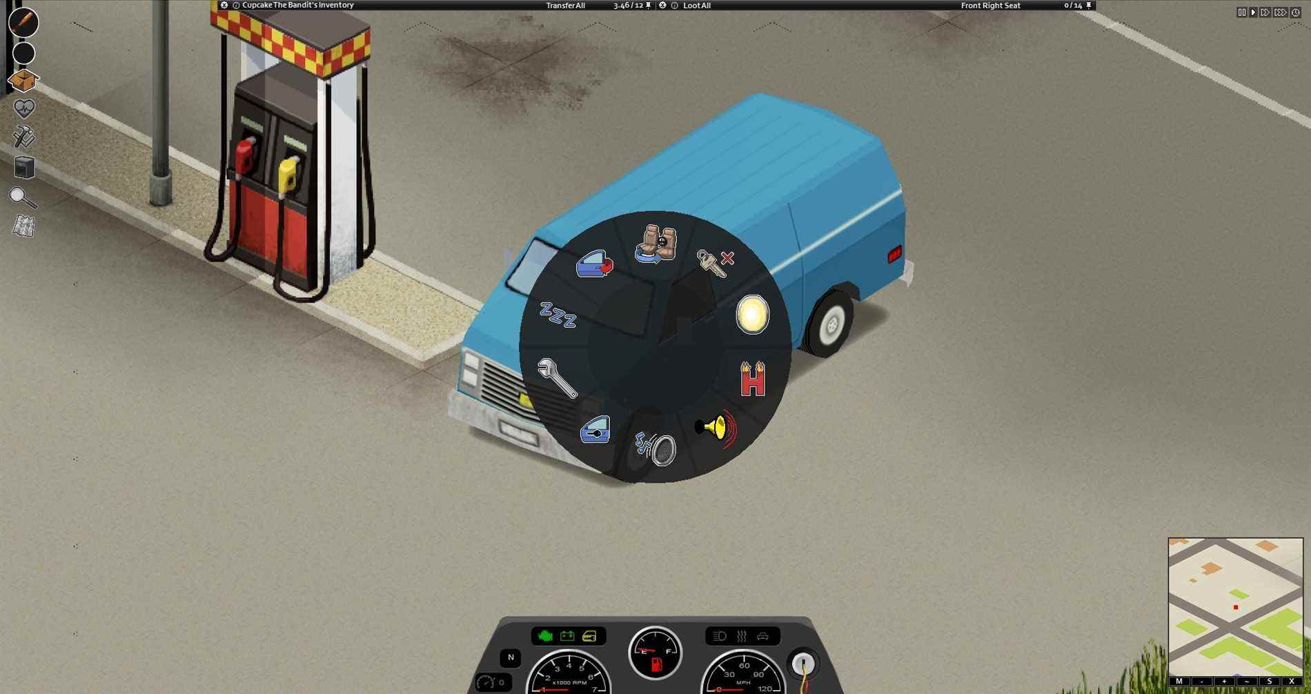 Project Zomboid - Un menu radial et un tableau de bord de voiture sont visibles.