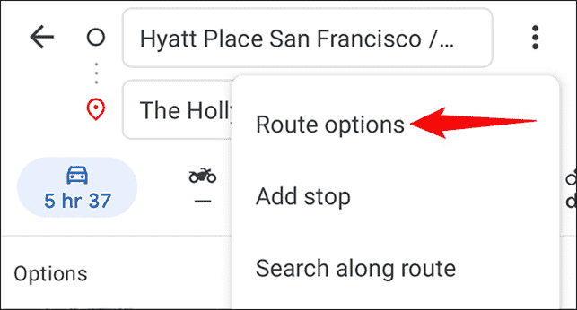 Sélectionner "Options d'itinéraire" dans le menu à trois points.