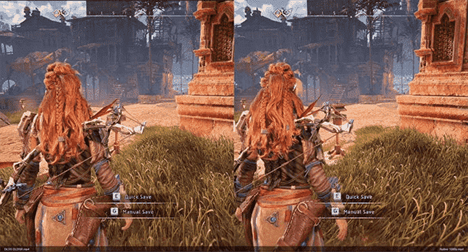 Une image de comparaison graphique Horizon Zero Dawn montrant DLSS/DLDSR à gauche par rapport au rendu natif à droite.