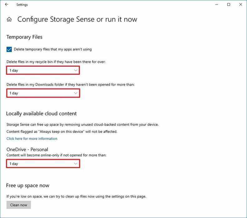 Paramètres avancés de Storage Sense