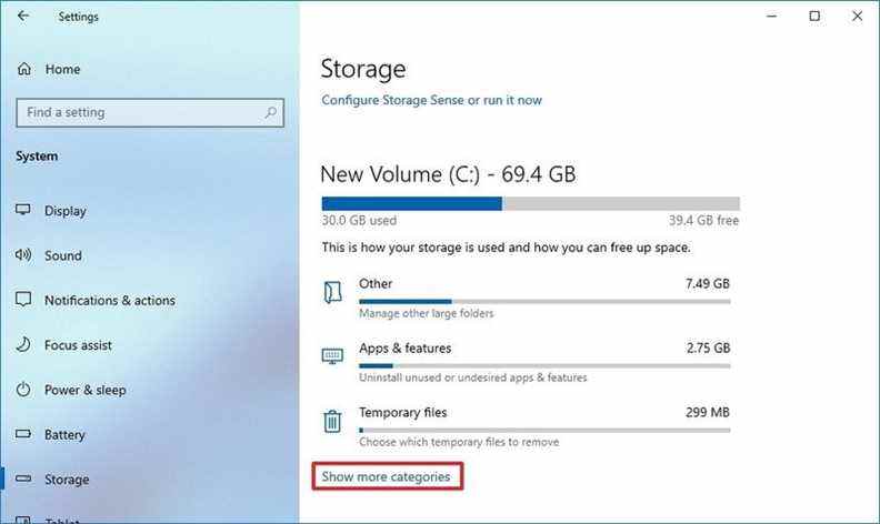 Storage Sense Afficher plus d'options de catégories