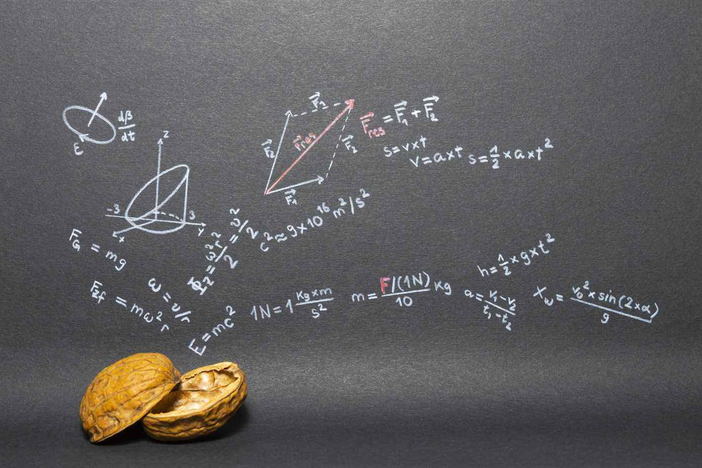 Concept de l'expression physique en un mot.  Formules de physique dessinées sur du papier noir avec des noix