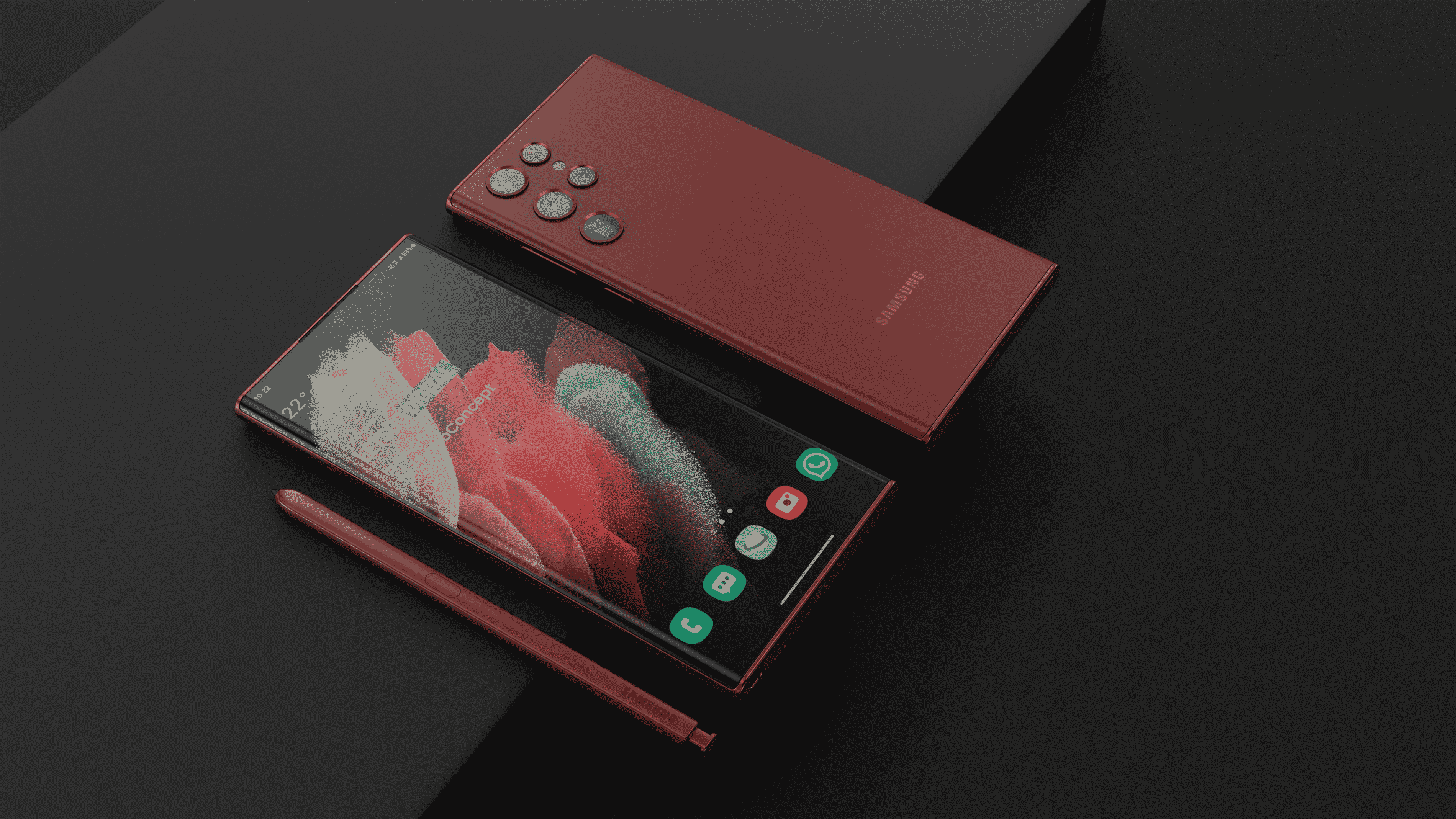 Un rendu non officiel du Galaxy S22 Ultra, montrant l'avant, l'arrière et le S Pen du téléphone en rouge bordeaux sur fond noir