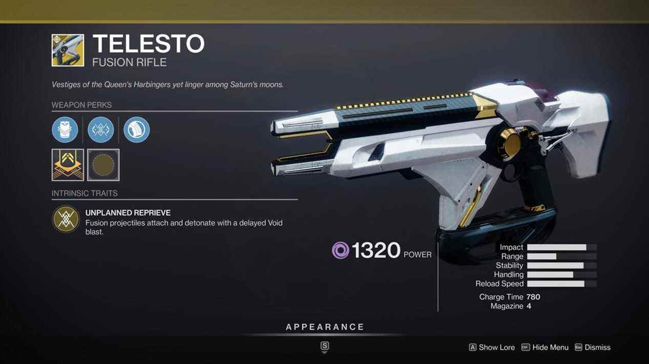 Telesto est toujours une option fiable, que ce soit en PvE ou dans l'Épreuve, grâce à ses dégâts importants et ses projectiles à fusion collants.