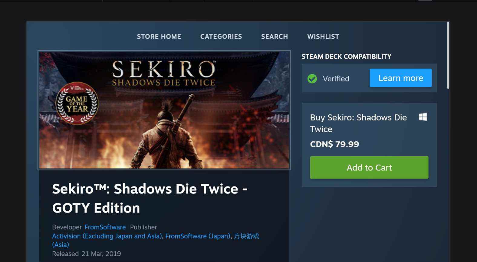 Page Steam de Sekiro