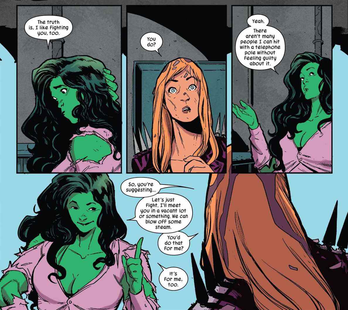 She-Hulk admet timidement à la supervilaine Titania qu'elle aime aussi la combattre et propose qu'ils se rencontrent régulièrement dans un terrain vague pour se défouler dans She-Hulk # 1 (2022). 