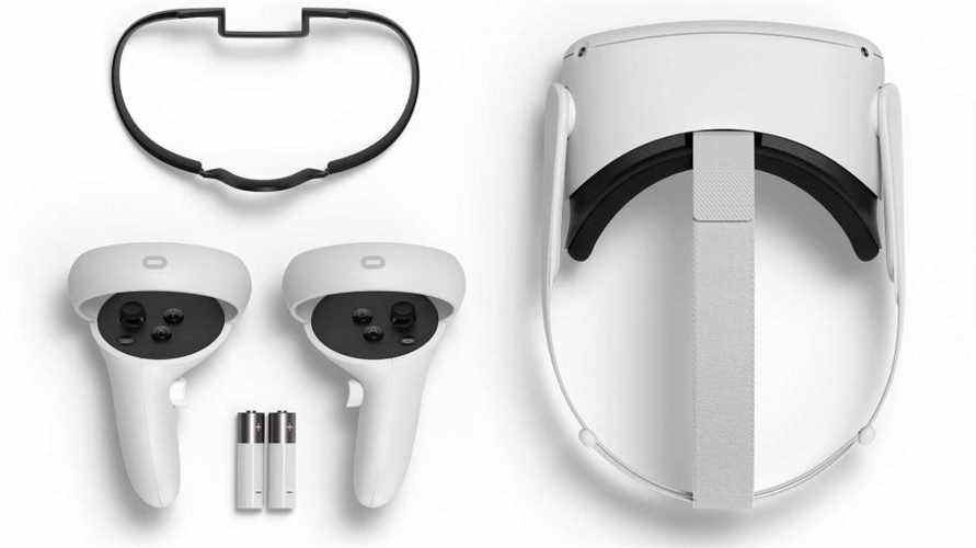 Casque et contrôleurs Oculus Quest 2 assis sur une surface blanche