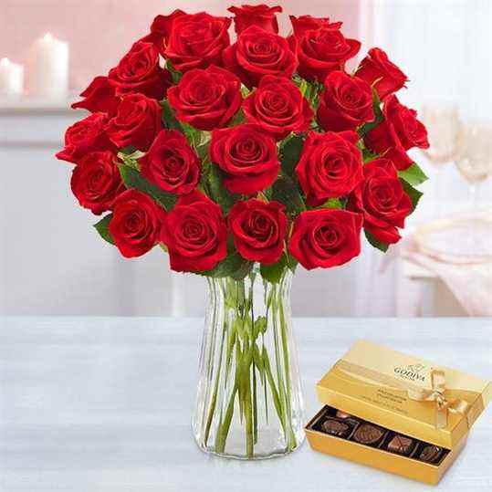 1-800-Fleurs Deux Douzaines de Roses Rouges & Chocolat Godiva
