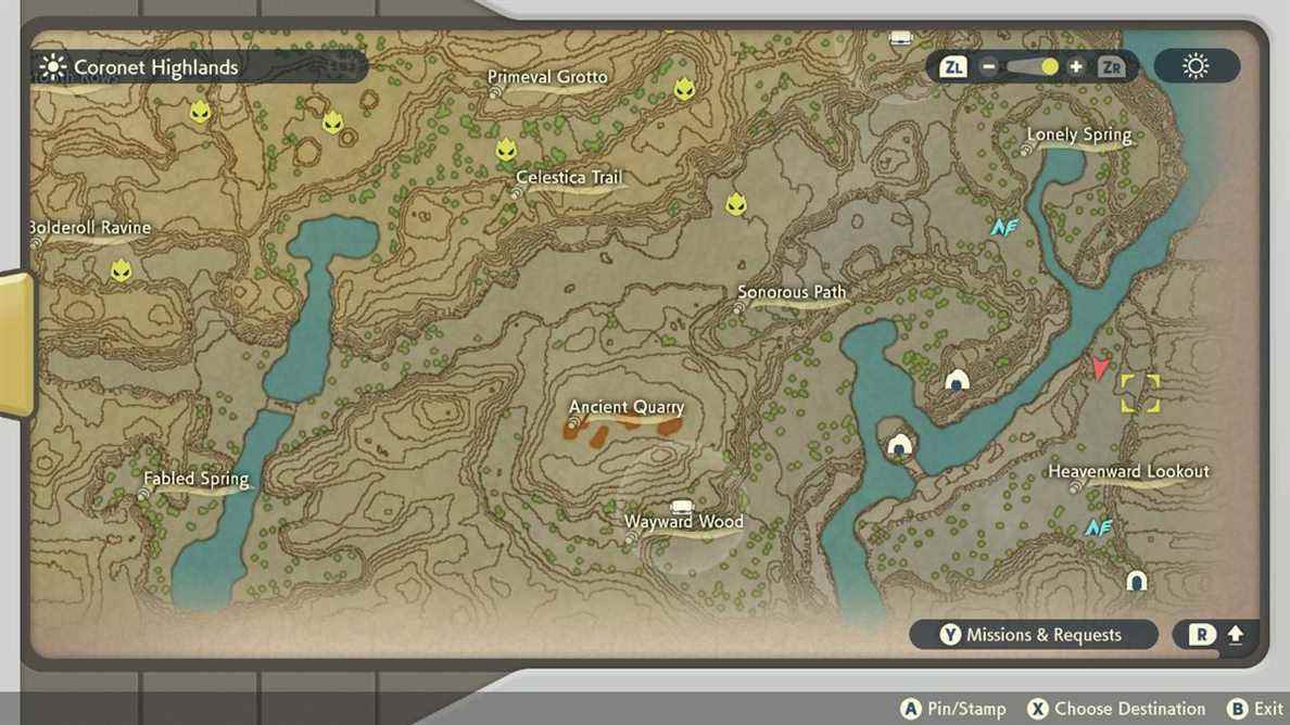 Une carte montrant où le bois apparaît dans les hautes terres de Coronet dans Pokémon Legends: Arceus