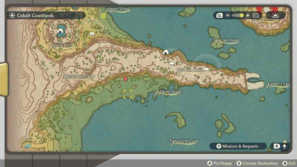 Une carte montrant où le bois apparaît dans les Coastlands de Cobalt dans Pokémon Legends: Arceus