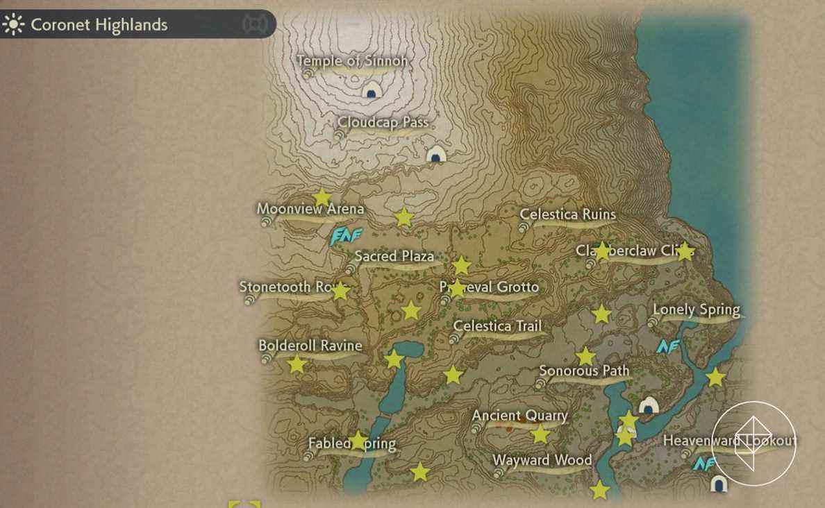 Une carte de Coronet Highlands, criblée d'étoiles jaunes qui indiquent où trouver des mèches à travers la montagne.