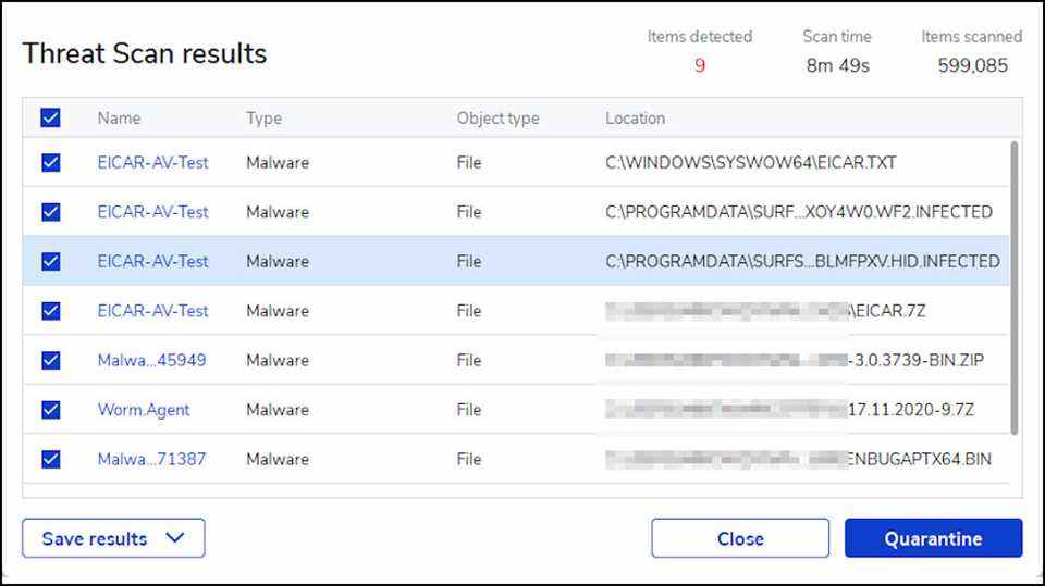 Écran des résultats des menaces de Malwarebytes Scan