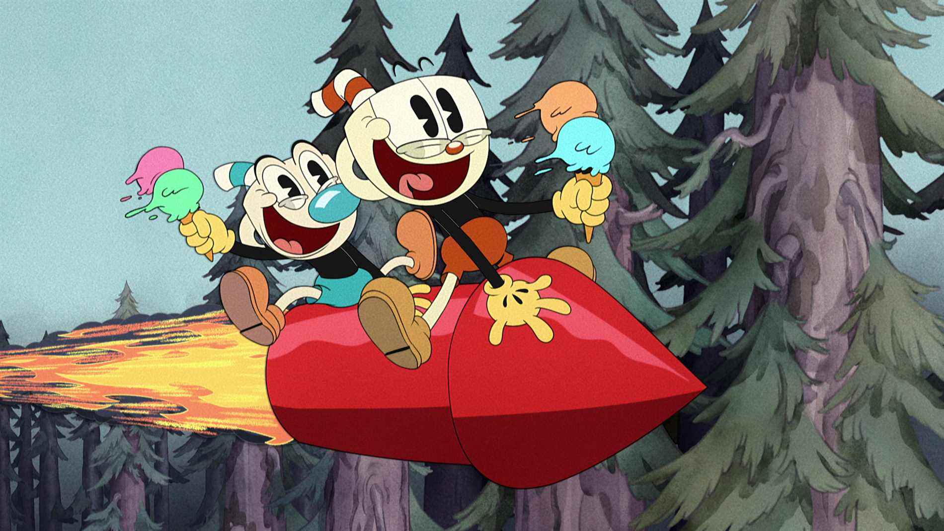 Mugman (exprimé par Frank Todaro) et Cuphead (exprimé par Tru Valentino) chevauchent une fusée dans The Cuphead Show !