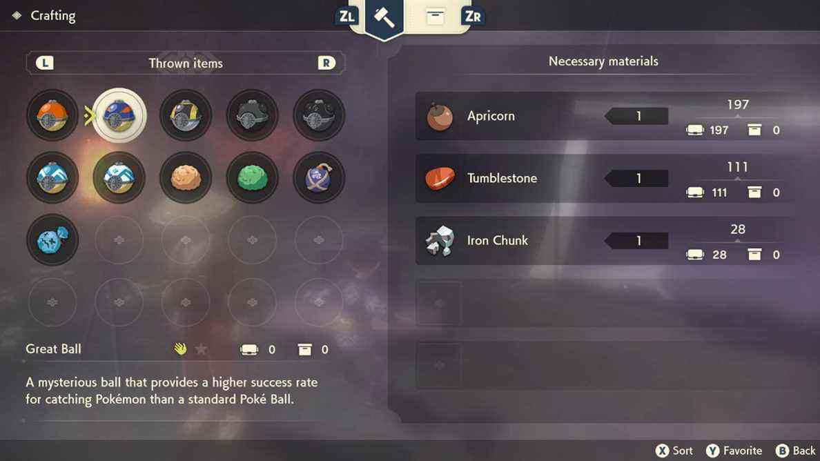 L'écran de fabrication de Pokéball dans Pokémon Legends : Arceus