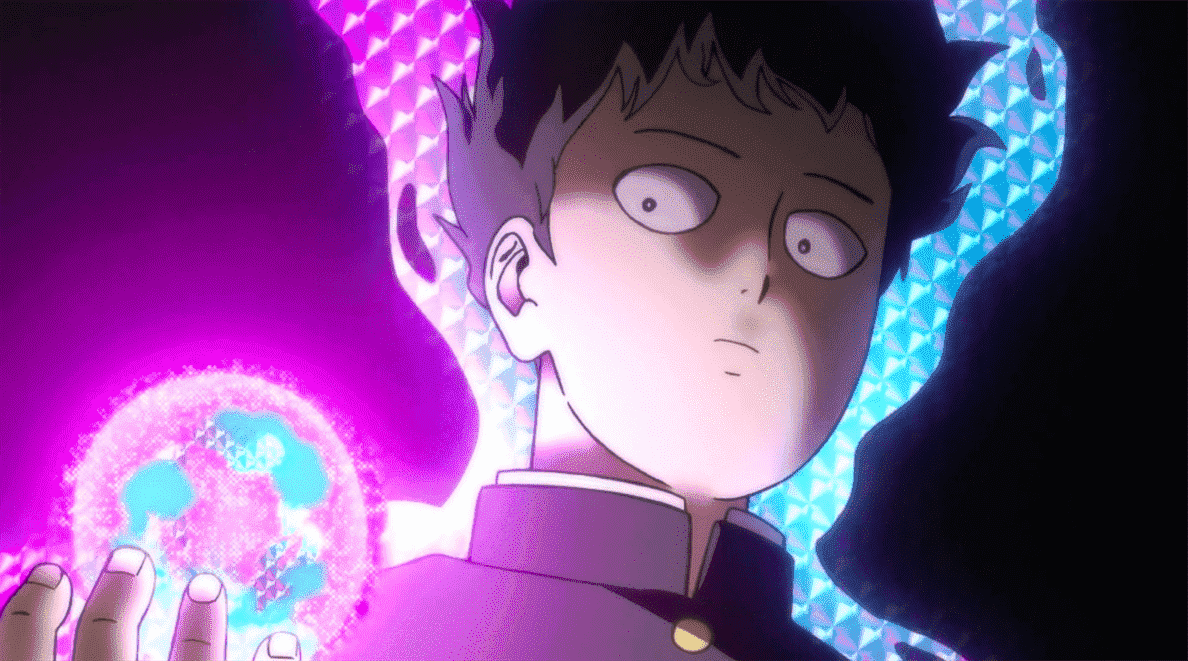 Mob, de Mob Psycho 100, est entouré d'une aura étincelante qui signifie ses pouvoirs psychiques.  Ses cheveux sont en lévitation à cause du pouvoir, et il berce une boule de lumière dans sa paume.  Son expression est sérieuse.