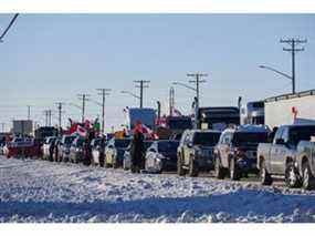 Des camionneurs protestant contre un mandat de vaccination contre la COVID-19 pour ceux qui traversent la frontière canado-américaine applaudissent un convoi de camions en route vers Ottawa, sur la route transcanadienne à l'ouest de Winnipeg, au Manitoba, le mardi 25 janvier 2022.